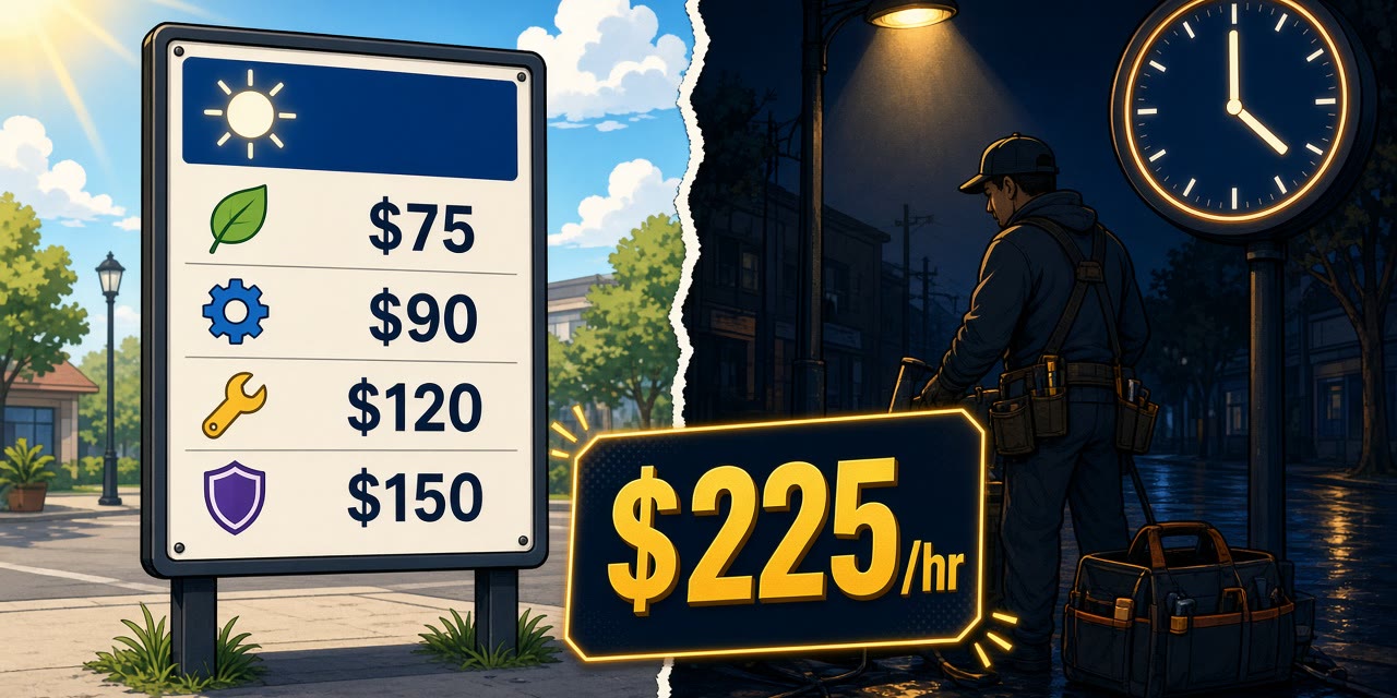Split illustration comparing a standard daytime labor rate on the left with an elevated after-hours night-call rate on the right, showing a lone technician under a streetlamp at 11 PM