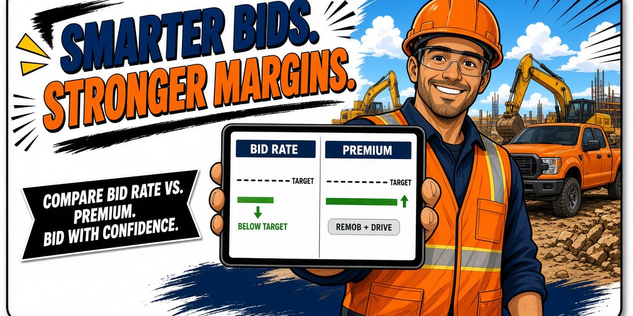 Side-by-side illustration comparing a change order priced at bid rate showing a margin miss versus the same work priced with a premium and remobilization hours showing the target margin holding