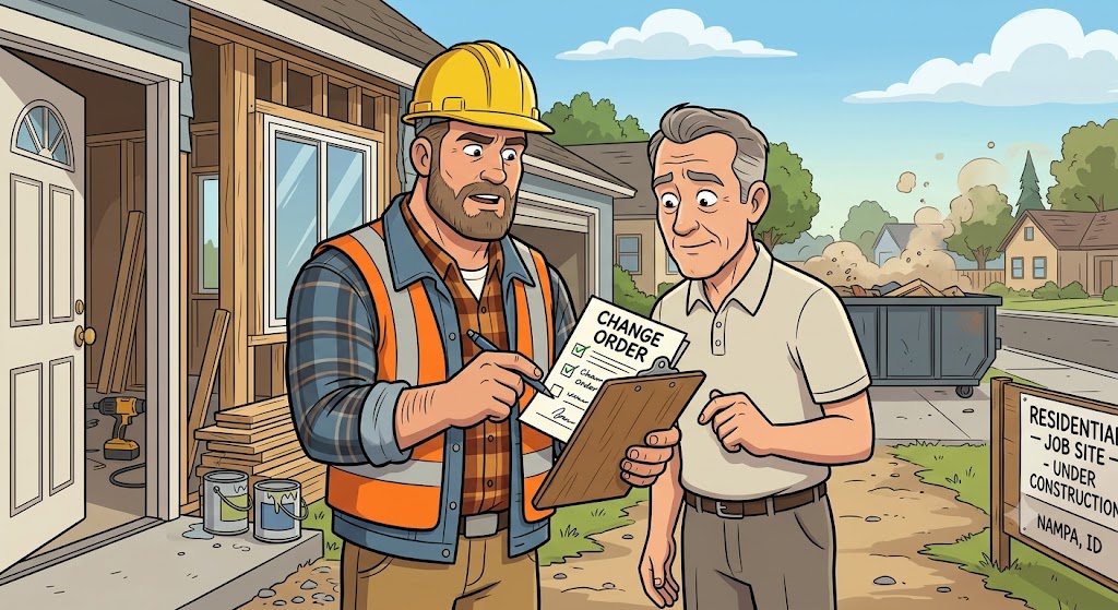 Contractor presenting a change order on a clipboard to a homeowner at a residential job site