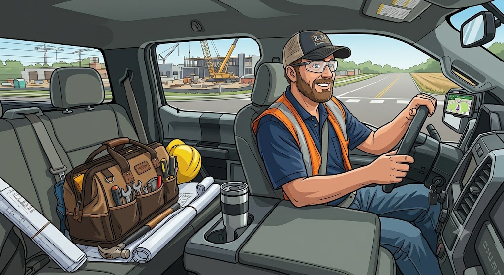 Contractor driving his work truck to a job site with tools, blueprints, and a GPS on the dashboard
