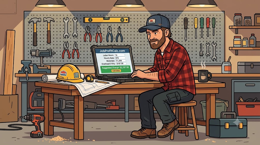 Contractor using JobProfitCalc.com on a laptop in his workshop to calculate job pricing, with tools, blueprints, and a hard hat on the workbench