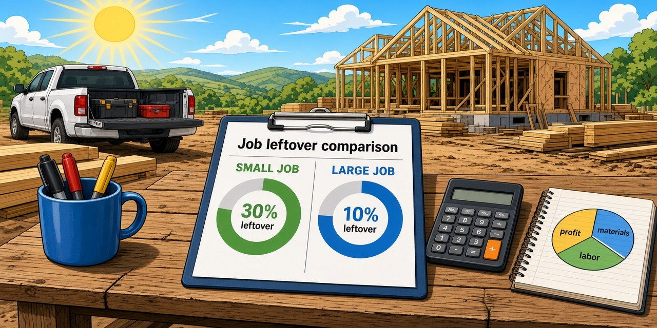 Clipboard on a job-site workbench comparing small-job vs large-job leftover profit percentages
