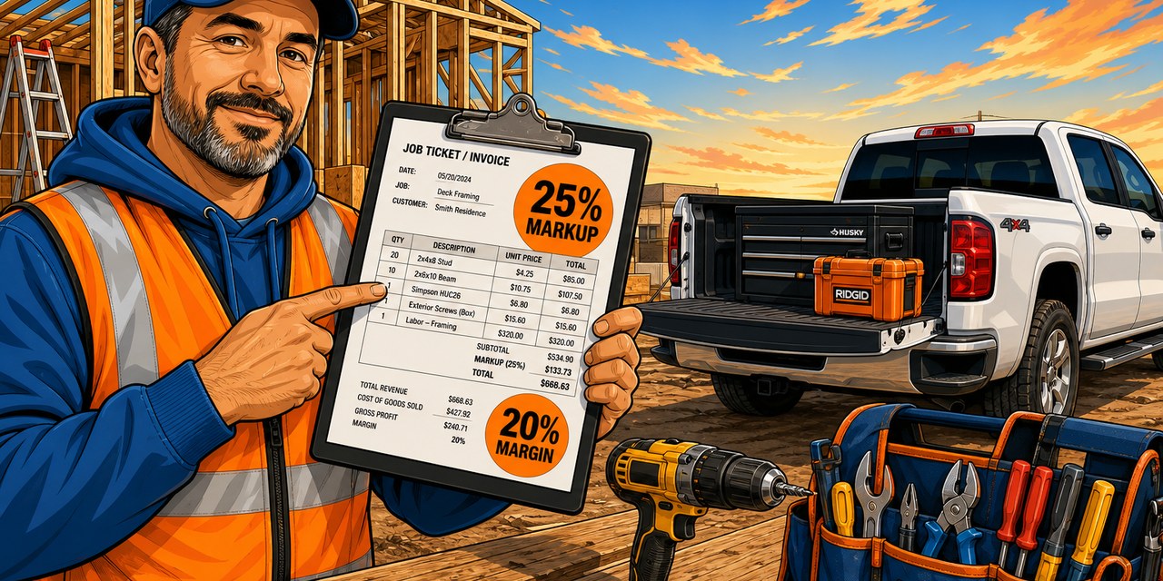 Contractor reviewing markup versus margin on a job ticket, with 25% markup and 20% margin circled as different numbers on the same invoice