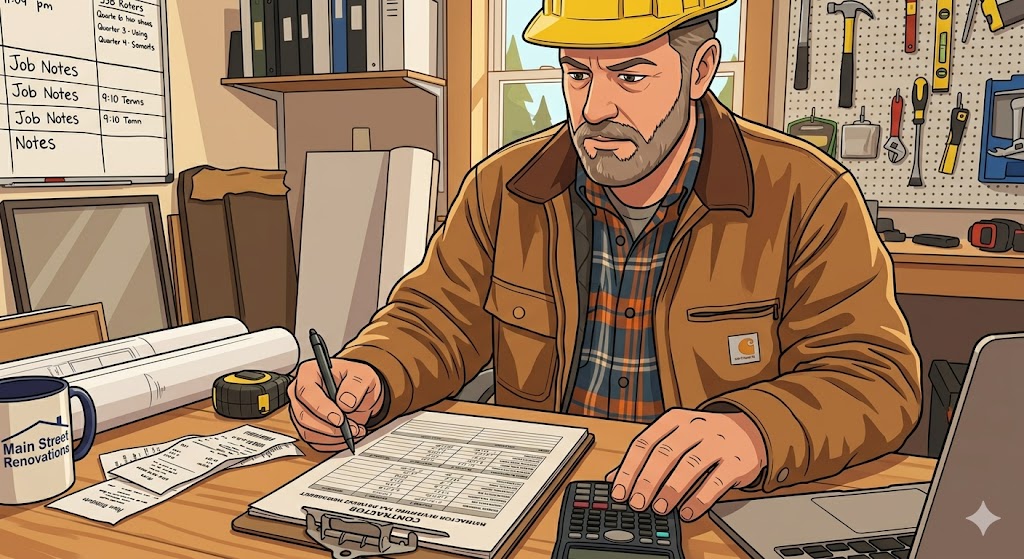 Contractor reviewing self-employment tax forms