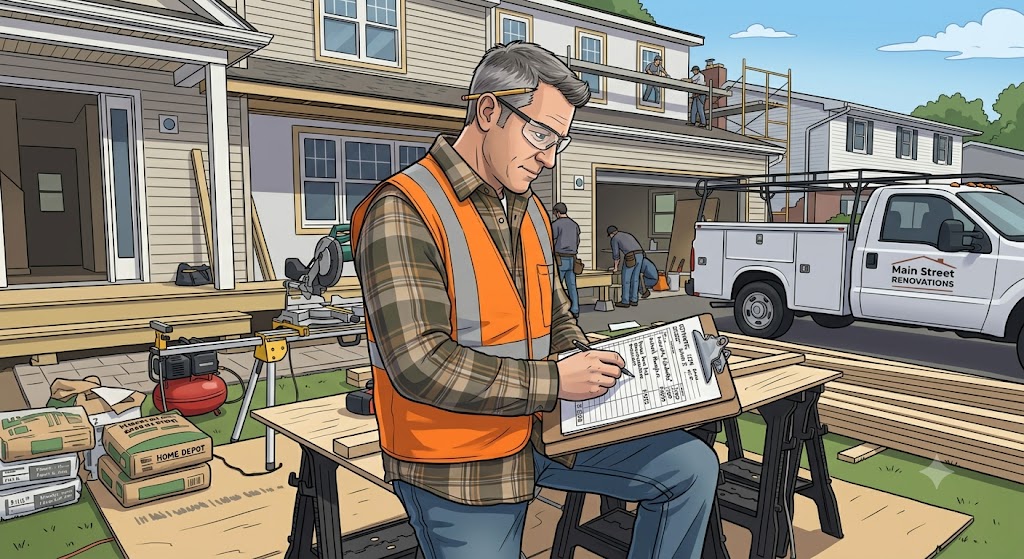 Contractor writing an estimate on a clipboard at an active job site with a work truck and house renovation in the background