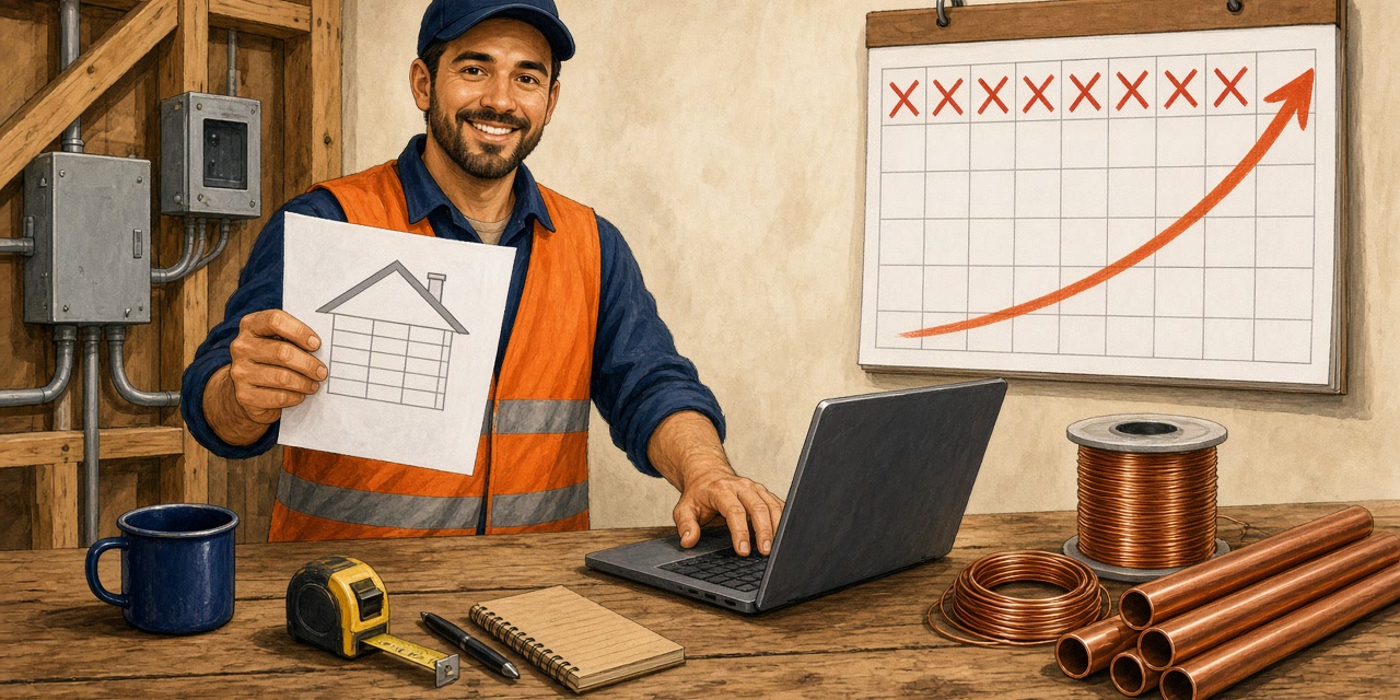 Illustrated contractor holding a printed job quote beside a desk calendar showing days ticking down, with copper wire reels and an upward price arrow in the background — quote validity window versus rising materials cost
