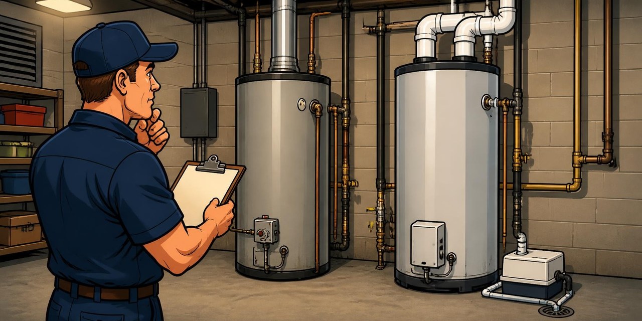 Illustrated plumber with a clipboard comparing a metal-flued commercial gas water heater and a plastic-vented condensing unit in a utility room
