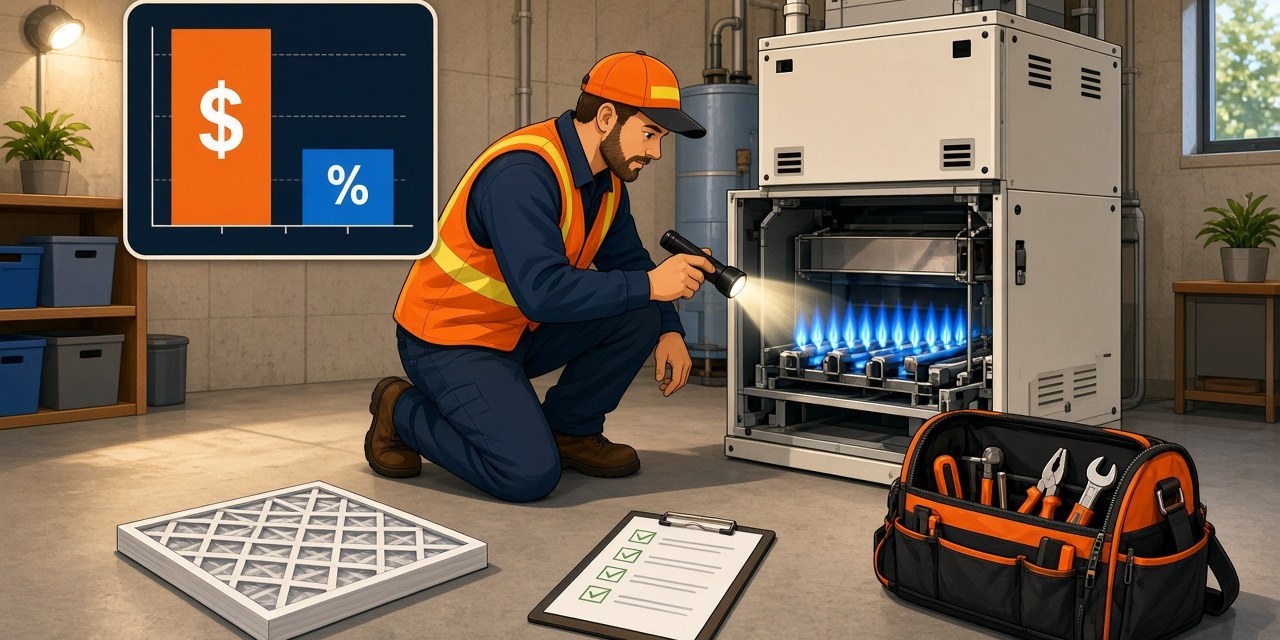 HVAC technician kneeling at an open gas furnace in a basement, checking the burners with a flashlight, with a new pleated filter, a clipboard checklist and a tool bag on the floor.