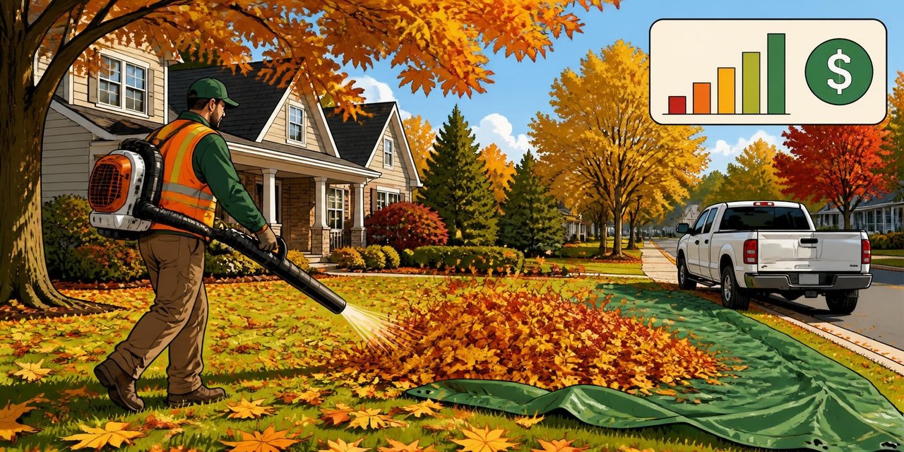 Illustrated landscaper using a backpack blower to move fallen leaves onto a tarp on a residential lawn, with a pickup truck parked at the curb