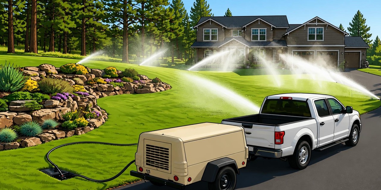 Tow-behind air compressor hitched to a white pickup on a driveway, hosed to an irrigation valve box while sprinkler heads mist across a green lawn in front of a mountain home.
