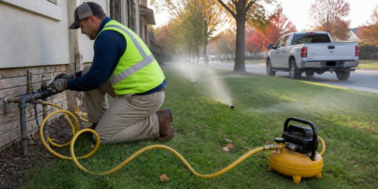 Irrigation technician connecting an air compressor to a home sprinkler system to blow out the lines in the fall.