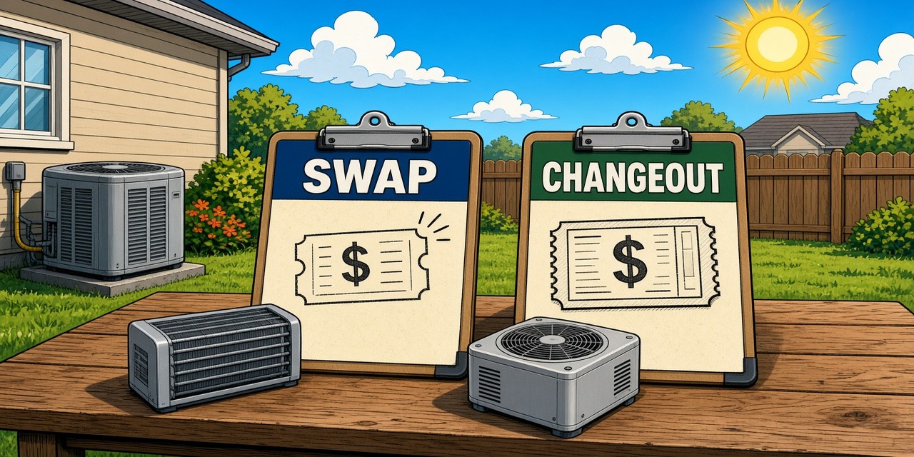 Illustrated HVAC contractor comparing a component-swap ticket to a full-changeout ticket for the same customer