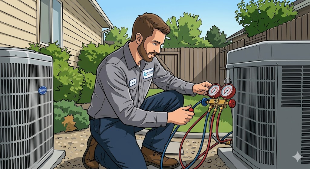 HVAC technician checking refrigerant pressure gauges on outdoor condensing units
