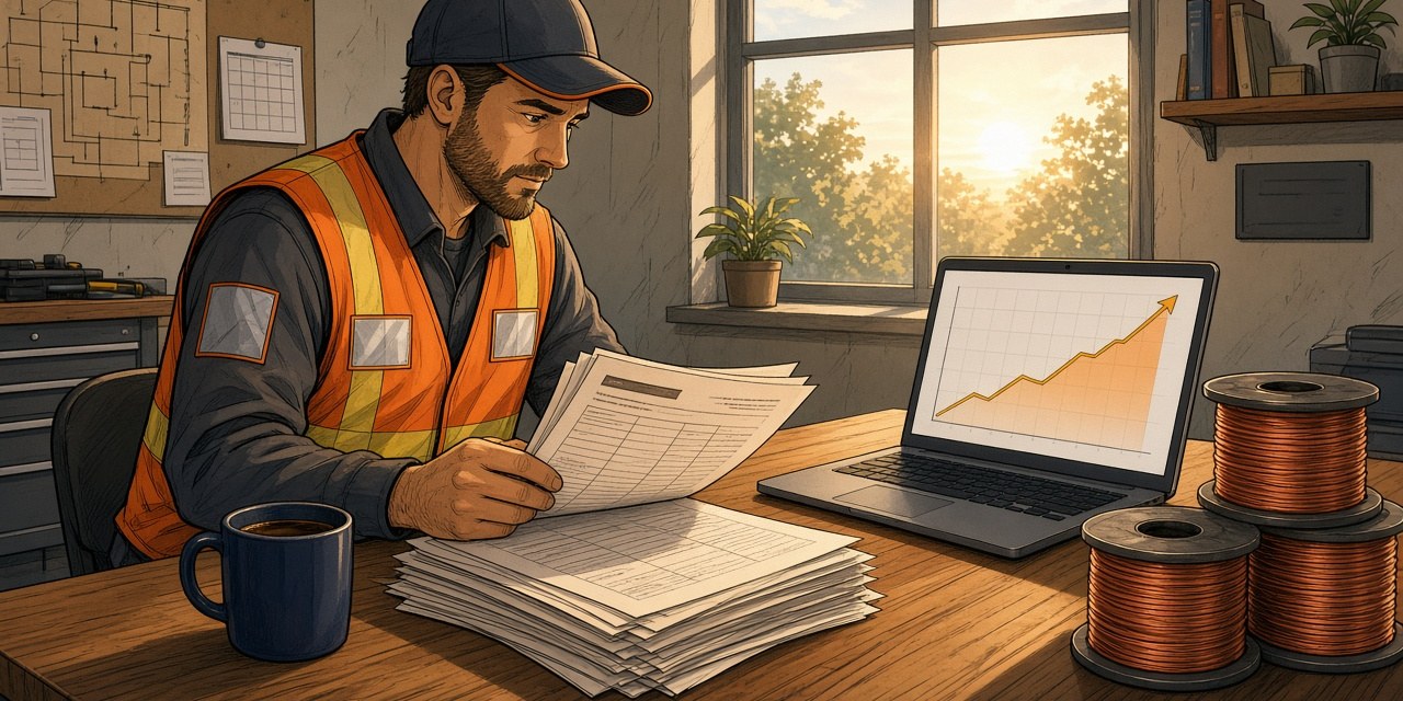 Contractor at a desk early in the morning reviewing a stack of open quotes beside a laptop with a rising price chart and copper wire spools.