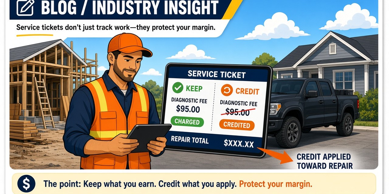 Illustrated service ticket split-screen — diagnostic line kept separate vs. credited toward the same-day repair total