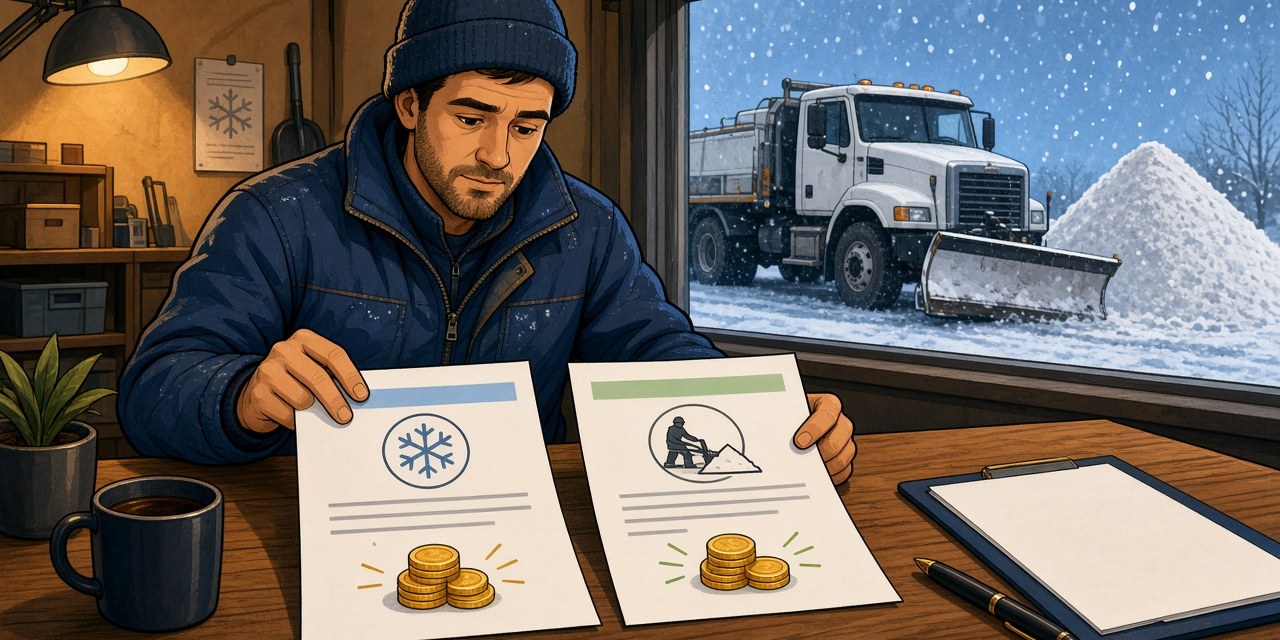 Illustrated snow contractor at a desk comparing a seasonal contract and a per-push price sheet, with a plow truck and salt pile outside the window.